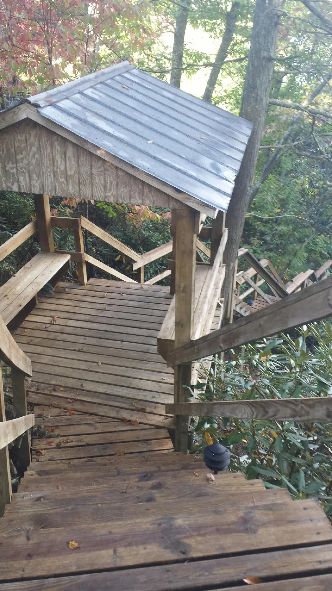 Metal roofed shelter over wooden steps on a wooded walkway — Skylight Repair & Installation work by our crew in Laketon